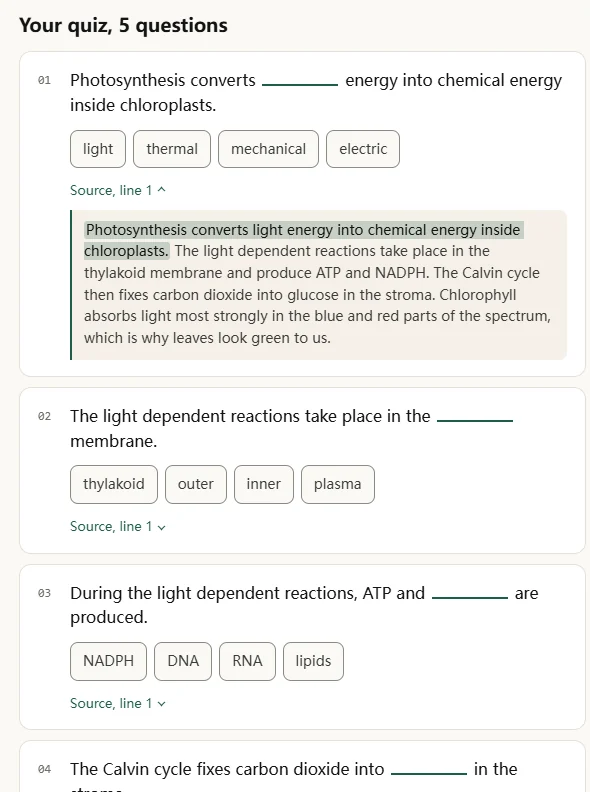 A generated multiple choice question with its source panel open, highlighting the exact sentence in the pasted notes that the question was written from.
