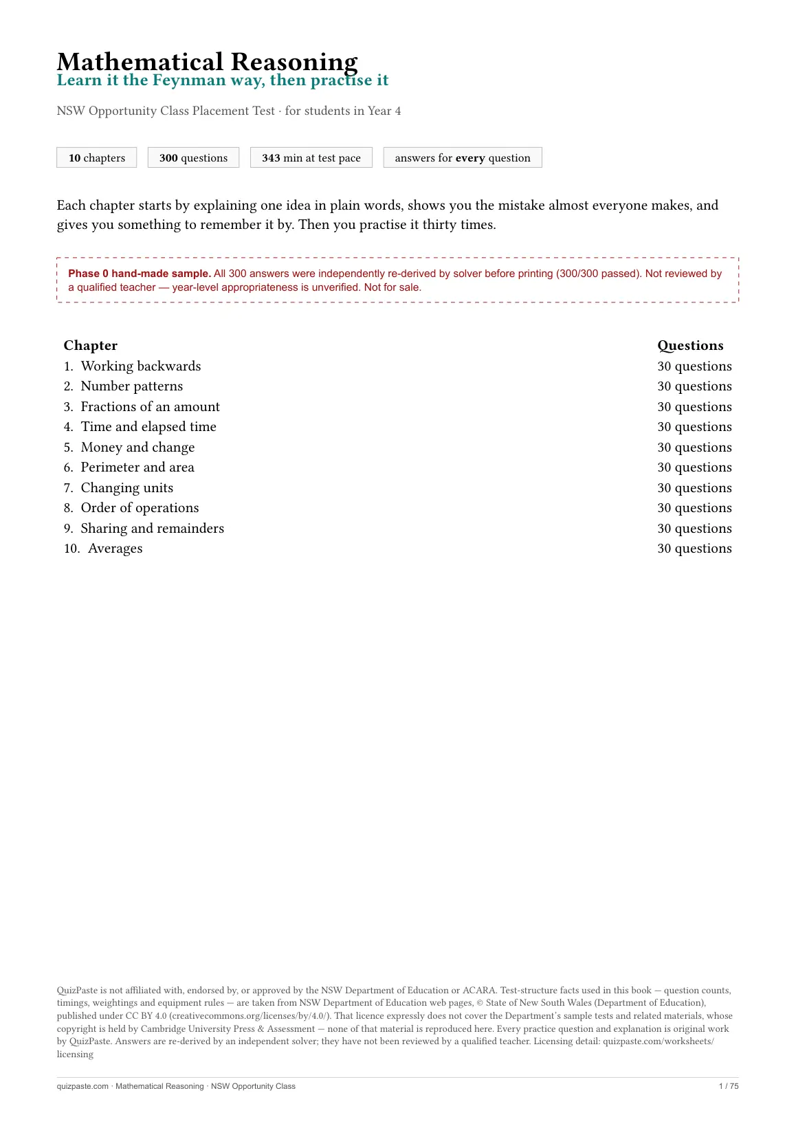 Cover of the Mathematical Reasoning practice book, showing the chapter and question count and a boxed note that the book has not been reviewed by a qualified teacher.