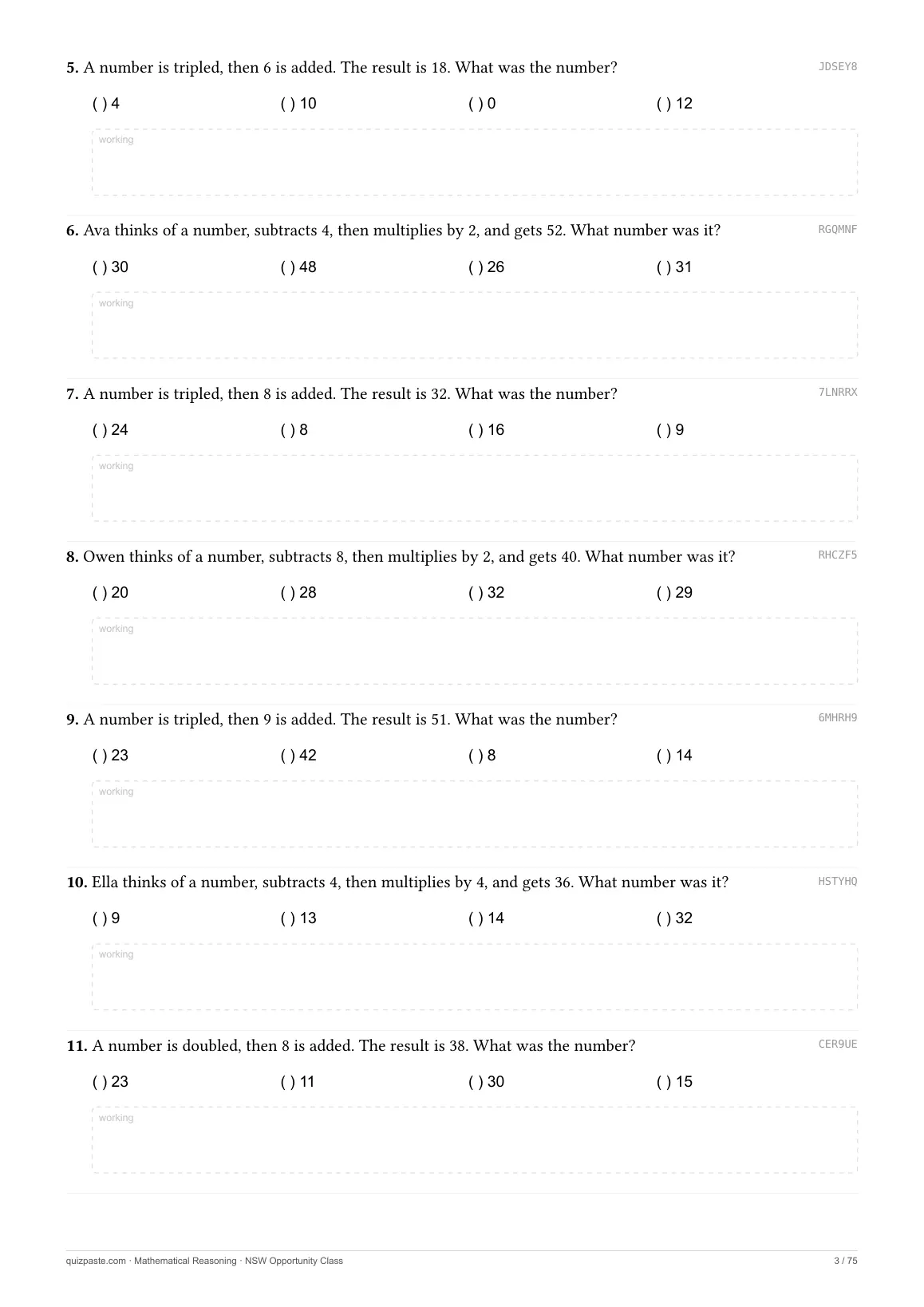 A Mathematical Reasoning practice page: numbered multiple-choice questions, each with four options and space for working.