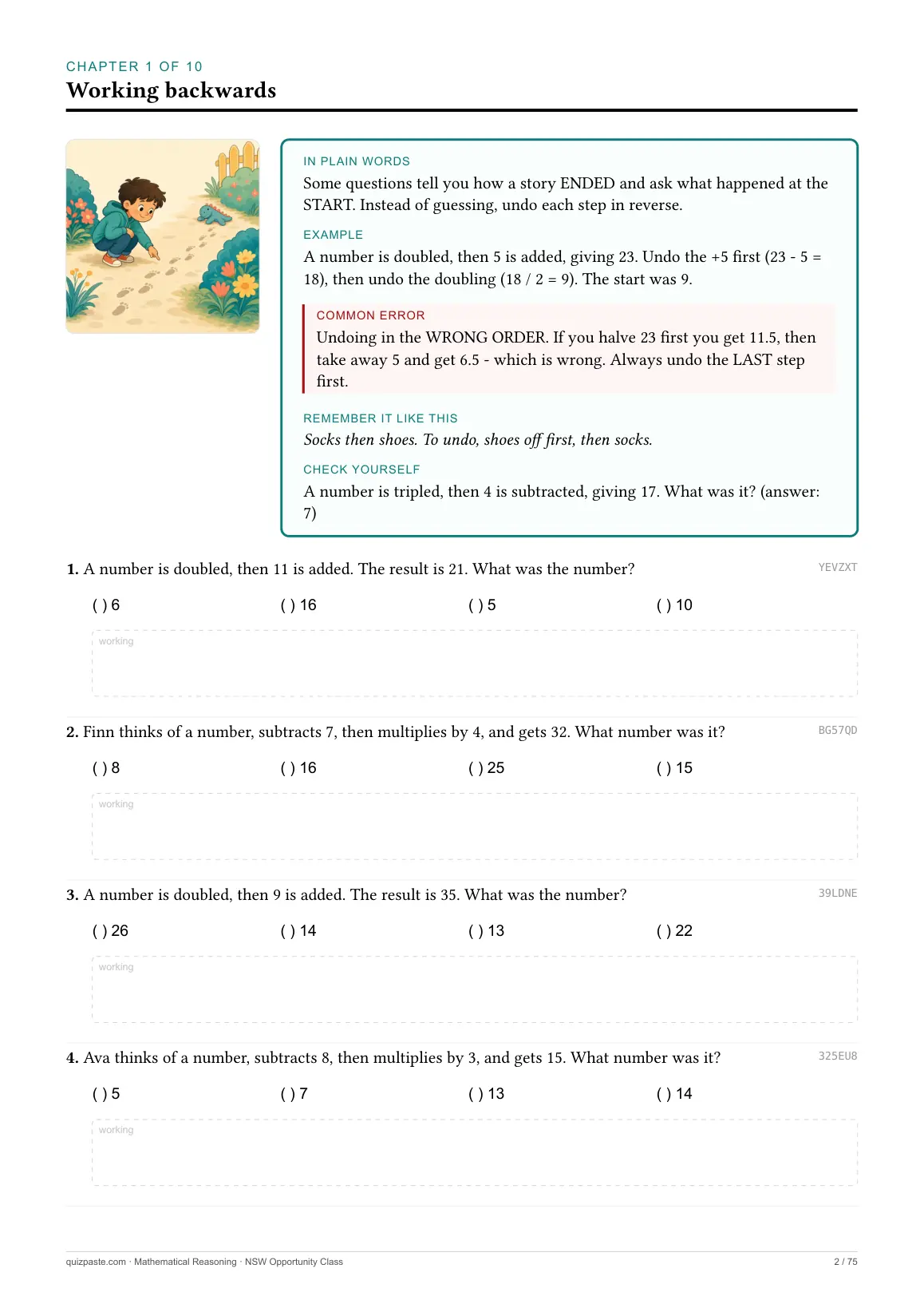 A Mathematical Reasoning chapter opening page with five labelled boxes: In plain words, Example, Common error, Remember it like this, Check yourself.