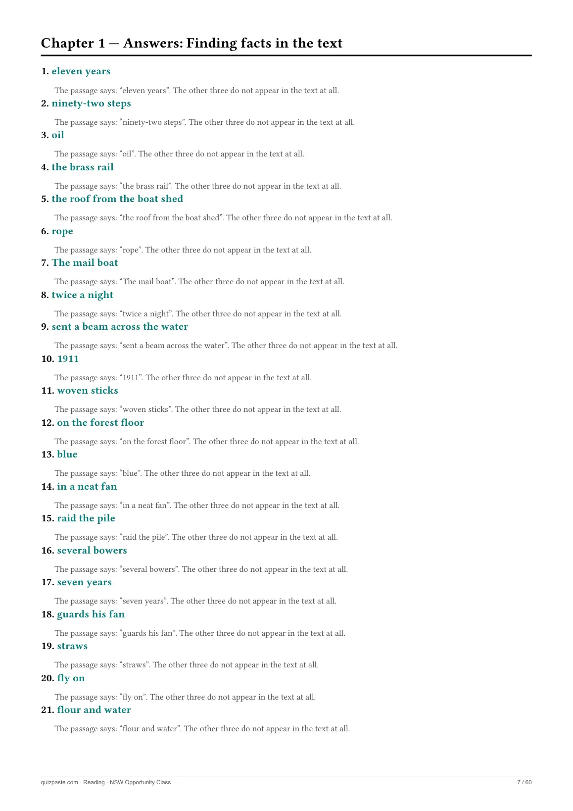 A Reading answers page: each answer followed by a line of working explaining how it was reached.
