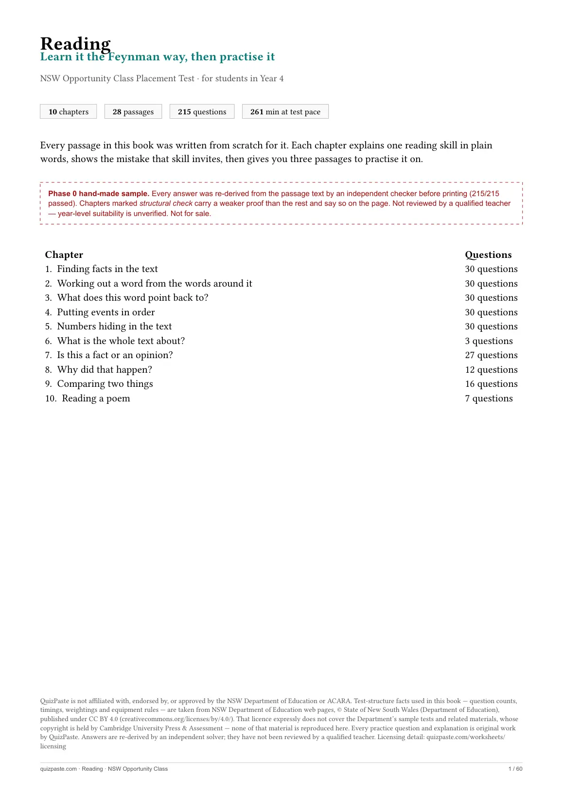Cover of the Reading practice book, showing the chapter and question count and a boxed note that the book has not been reviewed by a qualified teacher.
