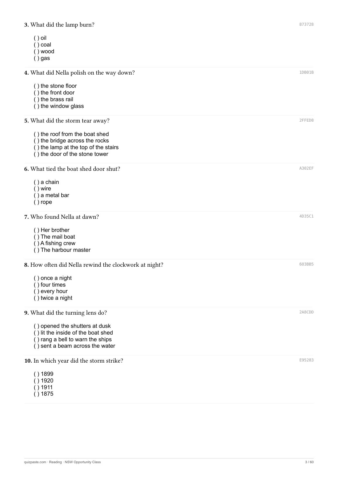 A Reading practice page: numbered multiple-choice questions, each with four options and space for working.