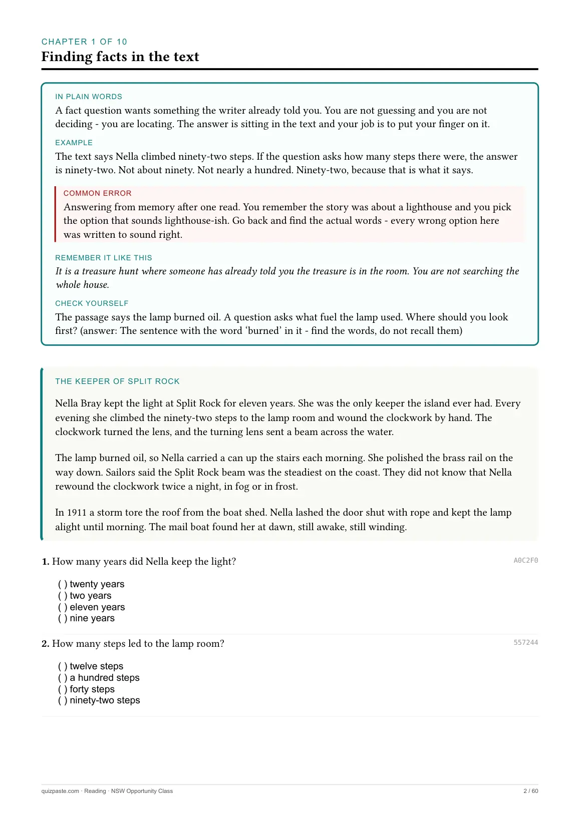 A Reading chapter opening page with five labelled boxes: In plain words, Example, Common error, Remember it like this, Check yourself.