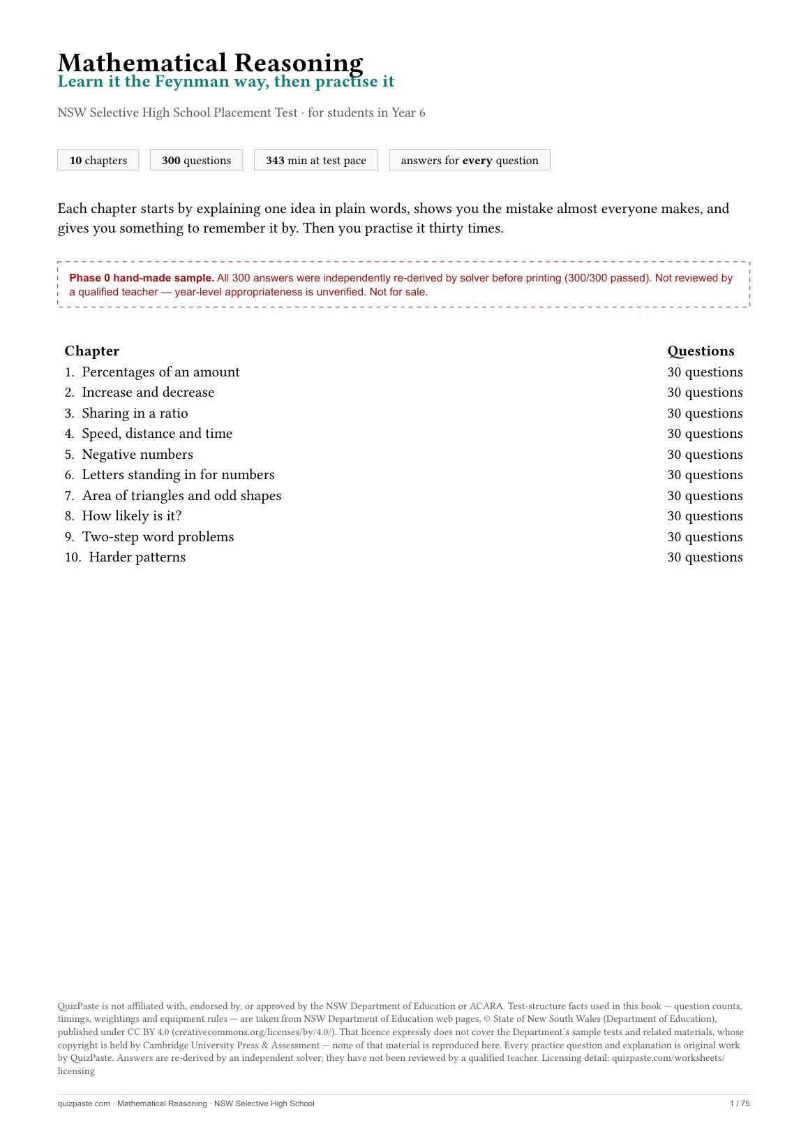 Cover of the Mathematical Reasoning practice book, showing the chapter and question count and a boxed note that the book has not been reviewed by a qualified teacher.