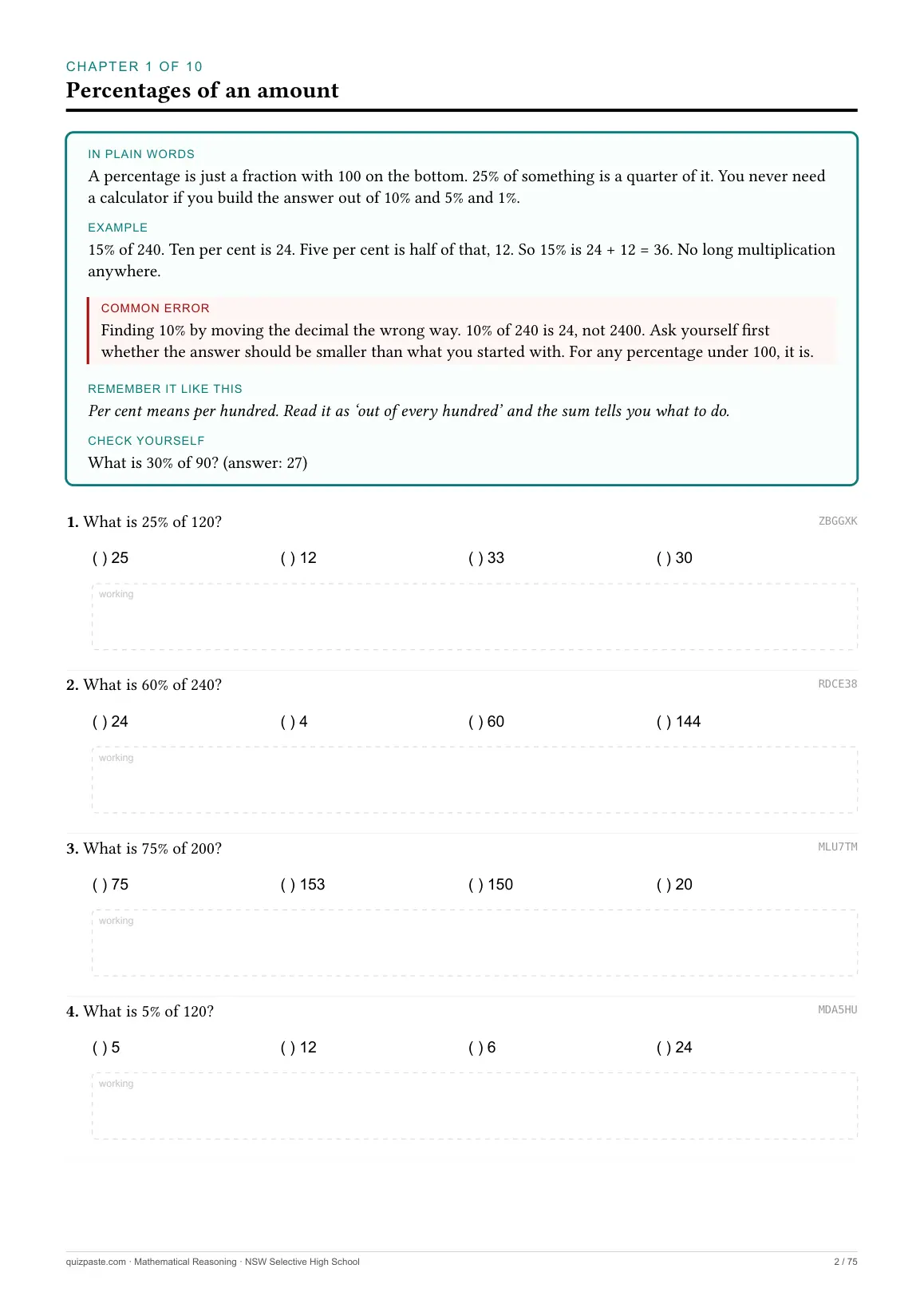 A Mathematical Reasoning chapter opening page with five labelled boxes: In plain words, Example, Common error, Remember it like this, Check yourself.
