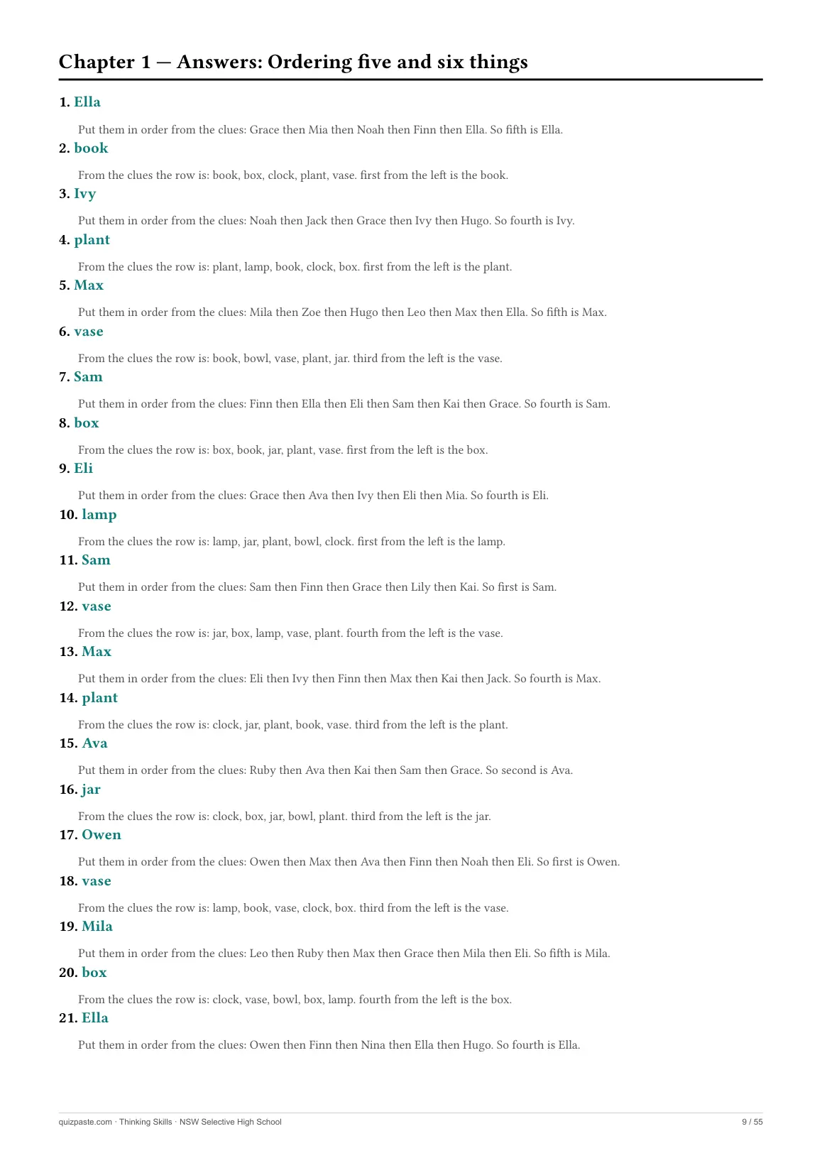 A Thinking Skills answers page: each answer followed by a line of working explaining how it was reached.