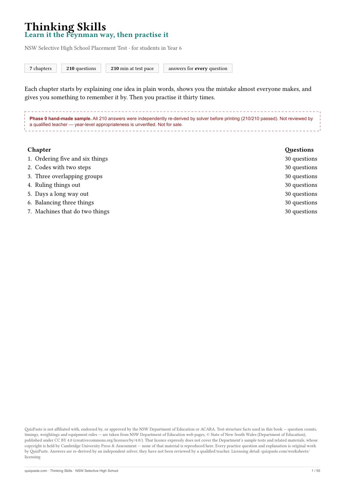 Cover of the Thinking Skills practice book, showing the chapter and question count and a boxed note that the book has not been reviewed by a qualified teacher.