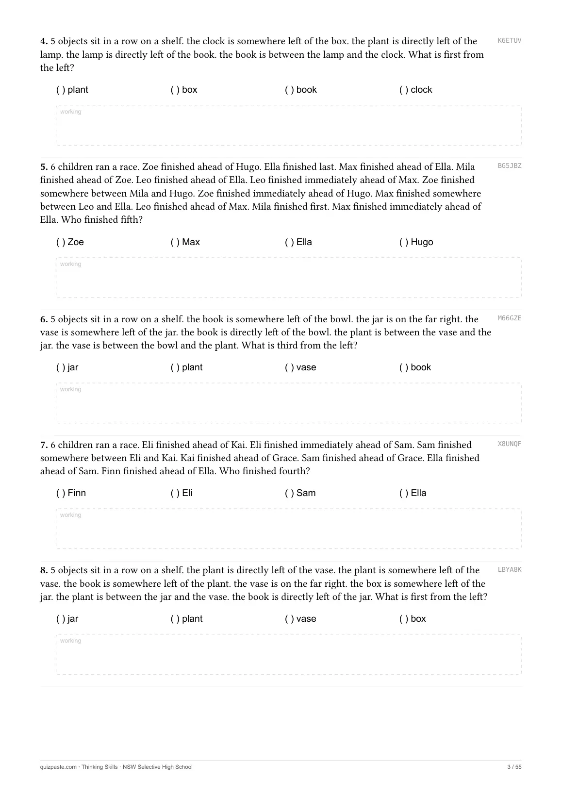 A Thinking Skills practice page: numbered multiple-choice questions, each with four options and space for working.