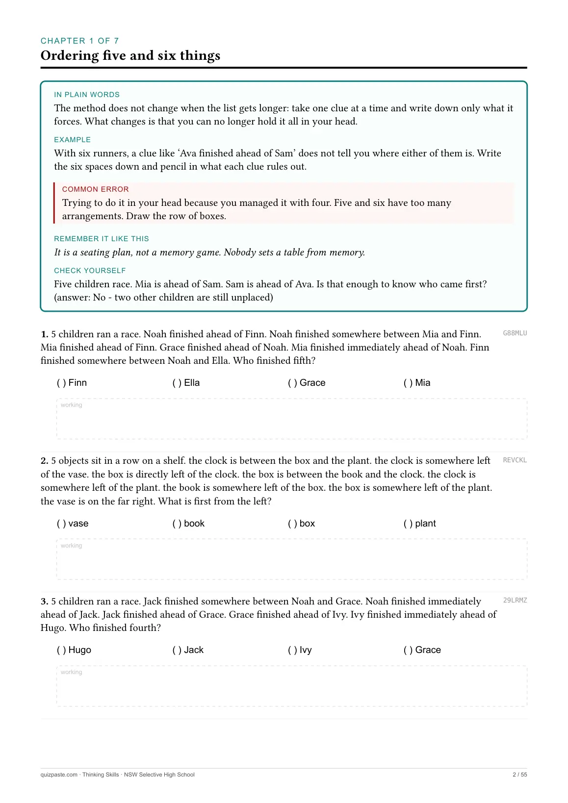 A Thinking Skills chapter opening page with five labelled boxes: In plain words, Example, Common error, Remember it like this, Check yourself.