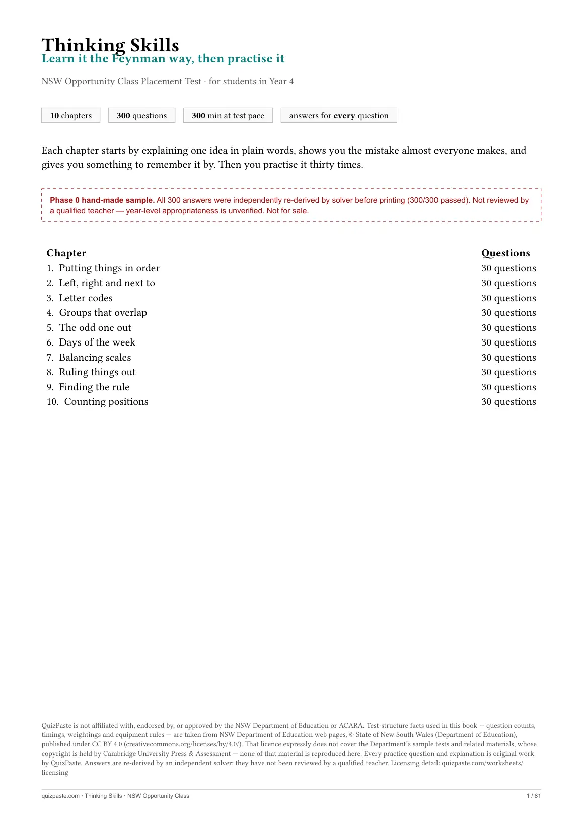 Cover of the Thinking Skills practice book, showing the chapter and question count and a boxed note that the book has not been reviewed by a qualified teacher.