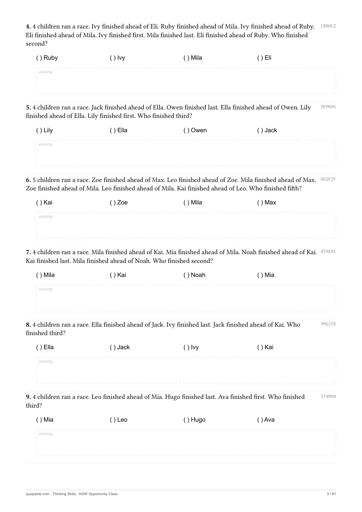 A Thinking Skills practice page: numbered multiple-choice questions, each with four options and space for working.