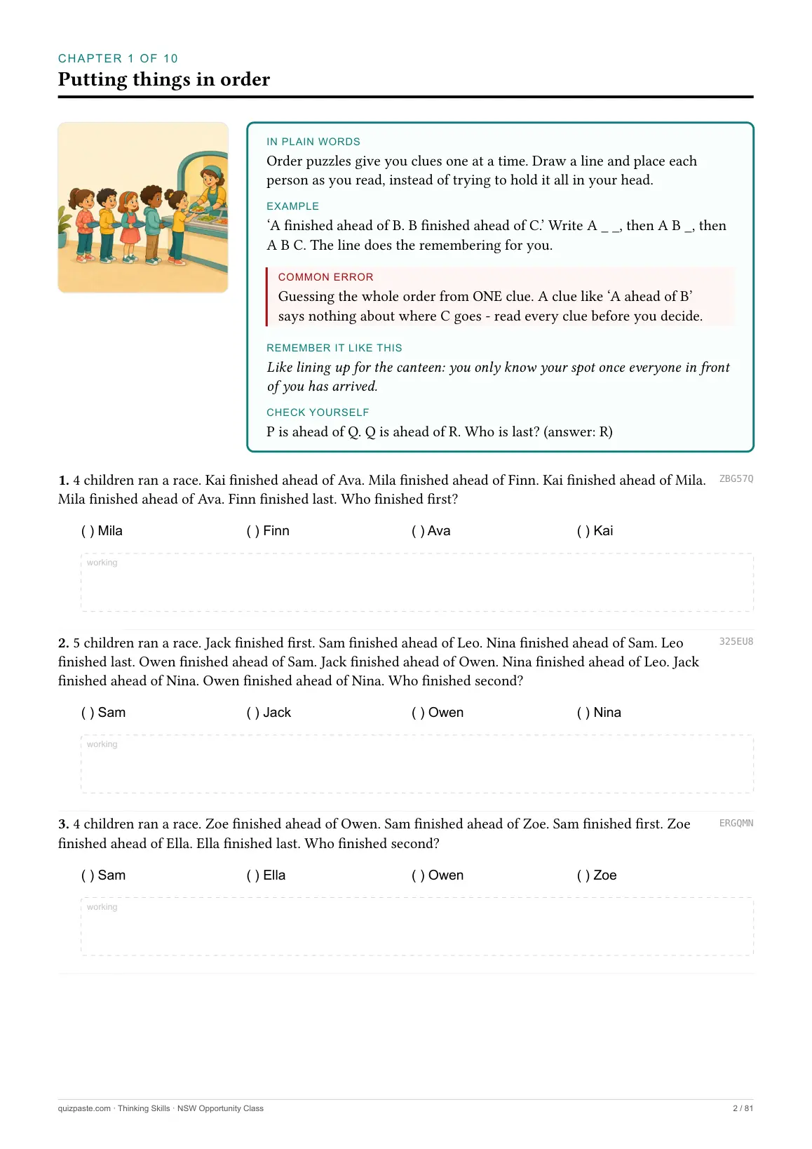 A Thinking Skills chapter opening page with five labelled boxes: In plain words, Example, Common error, Remember it like this, Check yourself.